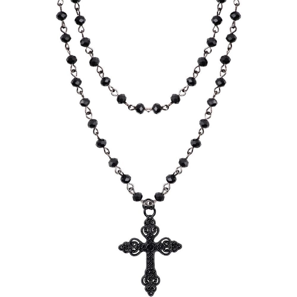 Gothic Layered Cross Choker Necklace Black Bead Emo Grunge Costume Jewelry